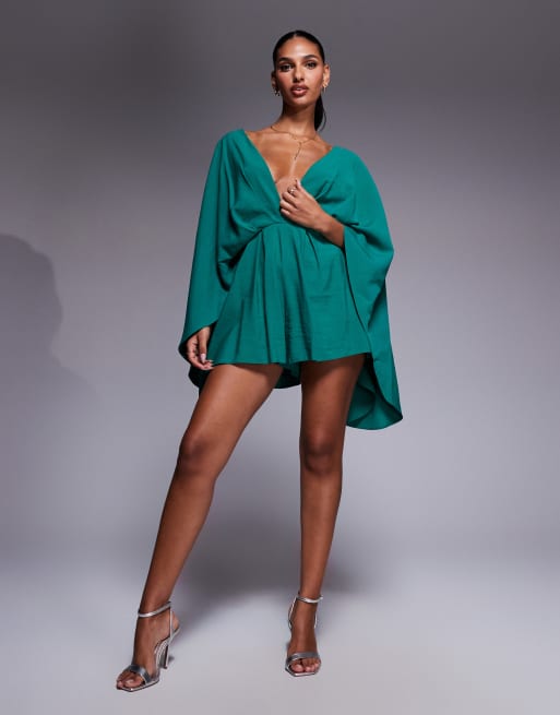 ASOS DESIGN – Grön playsuit med djup ringning och överdrivna ärmar, 2 av 4
