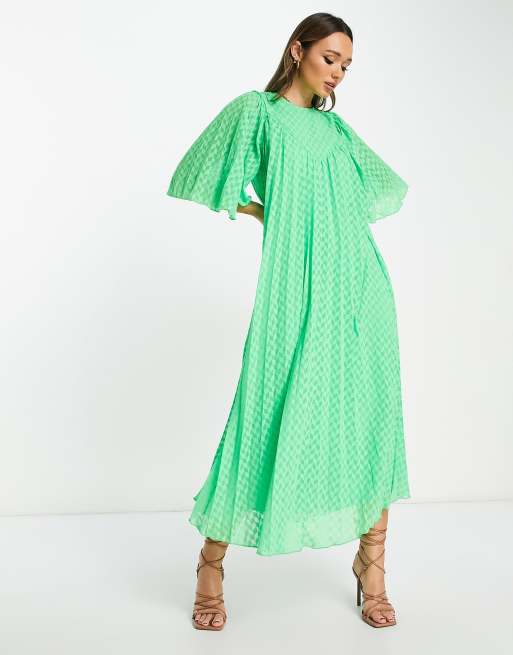 ASOS DESIGN – Grön, plisserad midiklänning i dobbyväv med utsvängda ärmar och v-formad design  