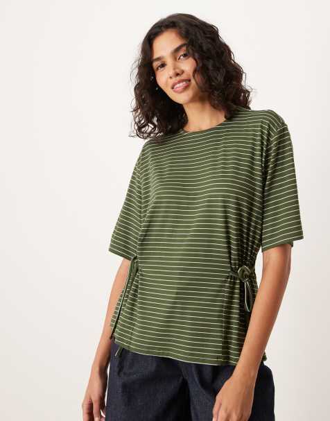 ASOS DESIGN – Grön, randig t-shirt med indragna knytband i sidan - view 1