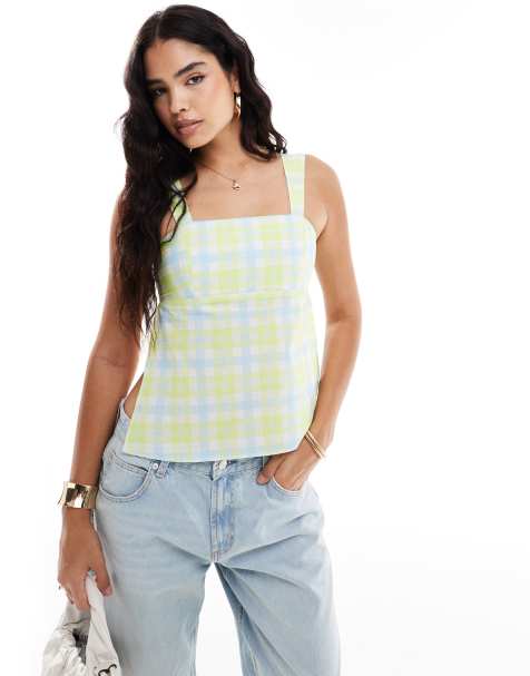 ASOS DESIGN – Grön, rutig topp i poplin med fyrkantig halsringning - view 1