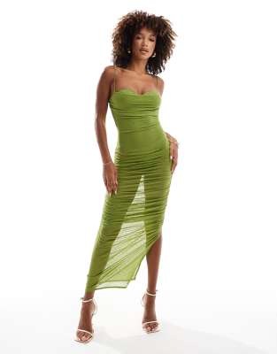 ASOS DESIGN – Grön, skir maxi-bodyklänning i mesh med värmefixerad strass och utsmyckad kupdetalj - view 1