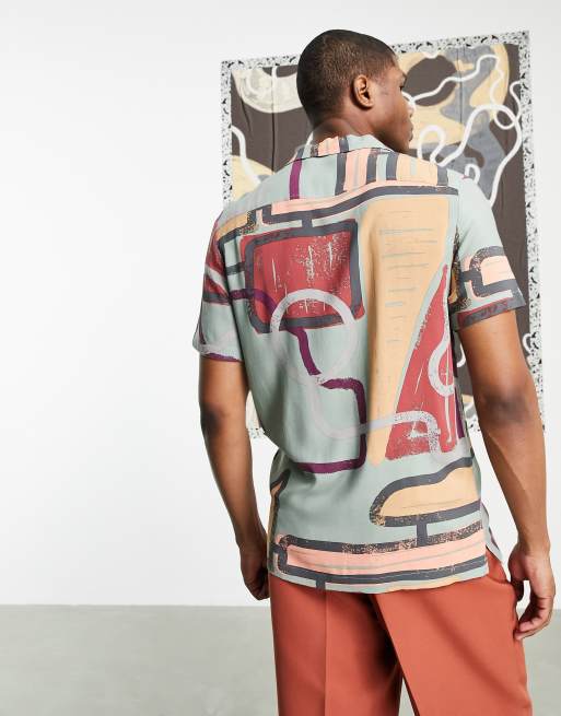 ASOS DESIGN – Grön skjorta i regular fit med platt krage och abstrakt geometriskt mönster, 2 av 4