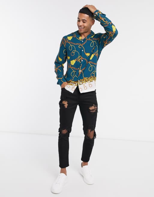 ASOS DESIGN - Grön skjorta med normal passform och kantmönster i barockstil, 4 av 4