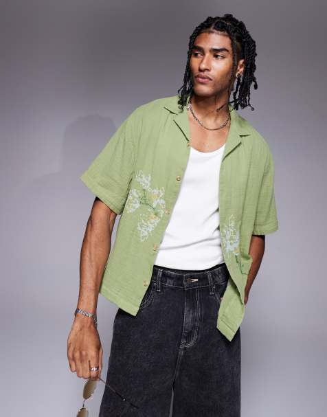 ASOS DESIGN – Grön skjorta med platt krage, boxig passform och blombroderi - view 1