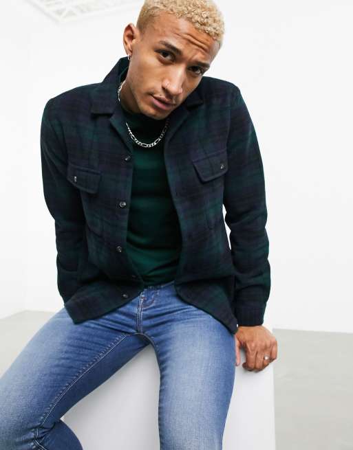 ASOS DESIGN – Grön skotskrutig overshirt i kraftigt ullmaterial med platt krage