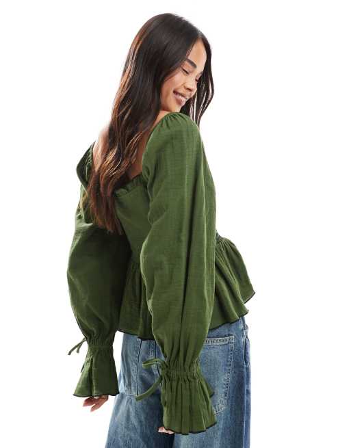 ASOS DESIGN – Grön, smockad topp med fyrkantig ringning och kontrastsöm, del av set, 4 av 4