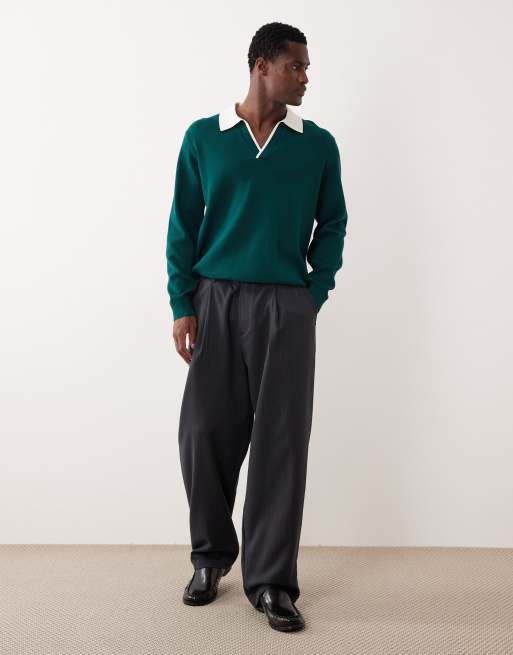 ASOS DESIGN – Grön, stickad, avslappnad pikétröja med långa ärmar och sprund, 2 av 5