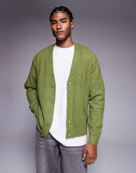 ASOS DESIGN – Grön, stickad, borstad kofta i oversize med v-ringning - view 1