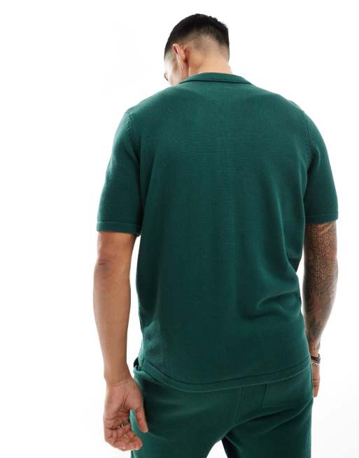 ASOS DESIGN – Grön, stickad pikétröja i medelkraftig bomull med knäppning, del av set, 2 av 4