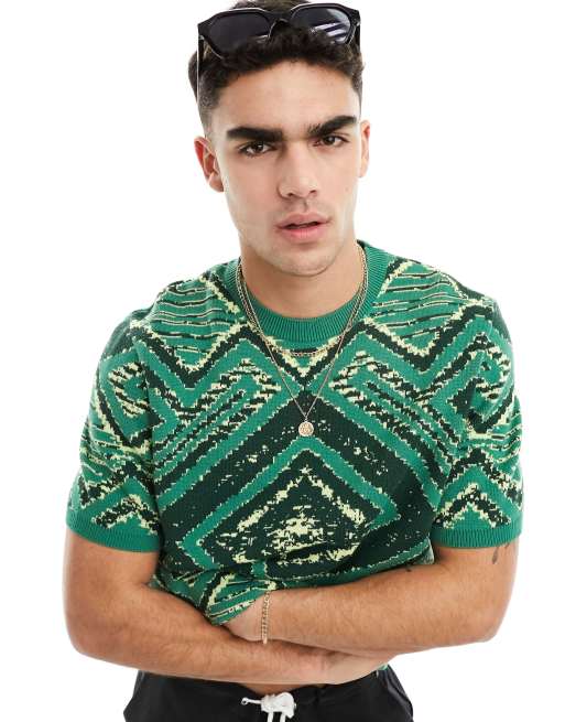 ASOS DESIGN – Grön, stickad t-shirt med avslappnad passform och aztec-mönster