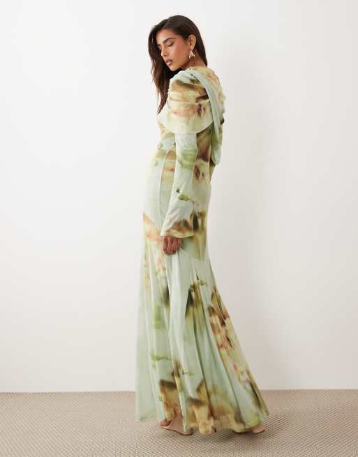 ASOS DESIGN – Grön, suddigt blommig maxiklänning i mesh med överlager och draperad ringning, 4 av 4
