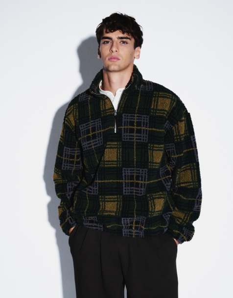 ASOS DESIGN – Grön sweatshirt av teddy i oversize med rutigt mönster och kvartslång dragkedja - view 1
