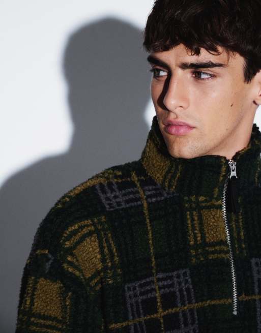 ASOS DESIGN – Grön sweatshirt av teddy i oversize med rutigt mönster och kvartslång dragkedja, 3 av 5