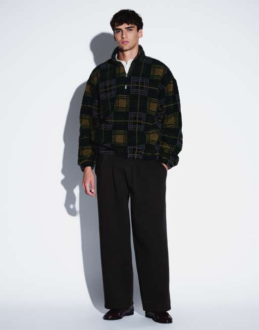 ASOS DESIGN – Grön sweatshirt av teddy i oversize med rutigt mönster och kvartslång dragkedja, 5 av 5