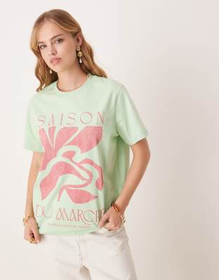 ASOS DESIGN – Grön t-shirt i regular fit med Saison du Marche-tryck - view 1