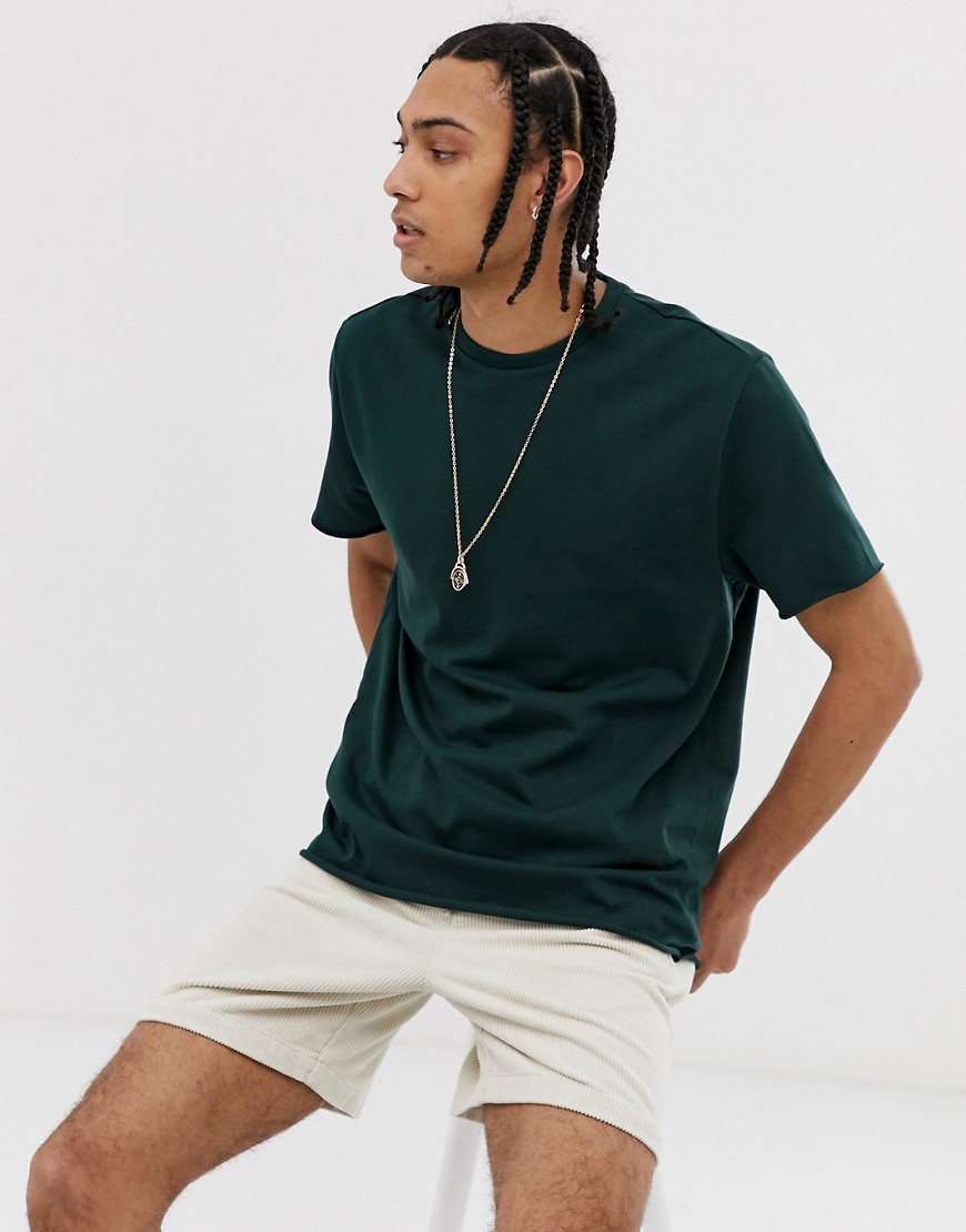 ASOS DESIGN – Grön t-shirt i tjock ekologisk bomull med rund halsringning och råskurna kanter