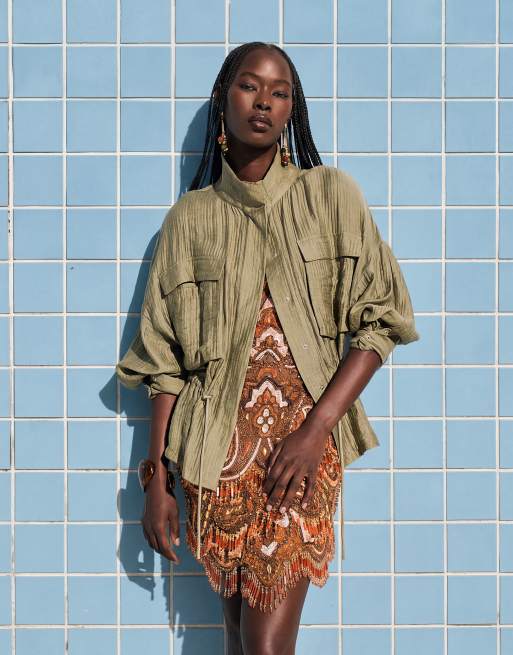 ASOS DESIGN – Grön, texturerad skjortjacka med ståkrage och dragsko i midjan, 5 av 5