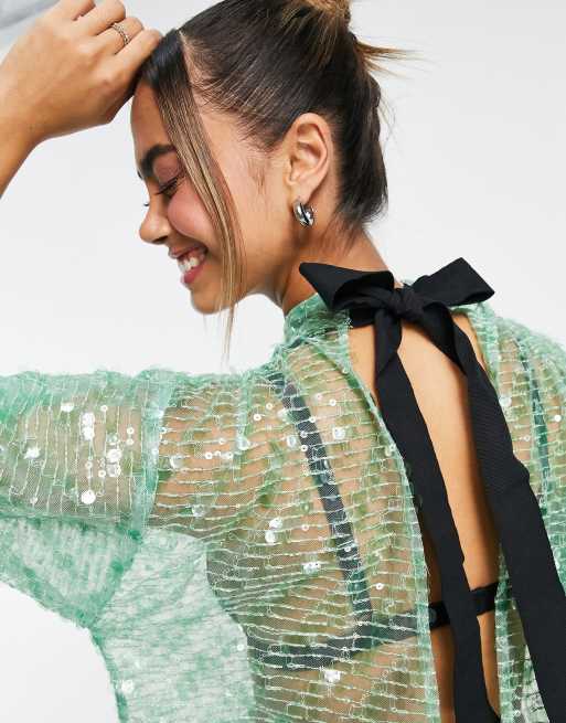 ASOS DESIGN – Grön topp i peplum-modell med paljetter och hög ringning, 3 av 4