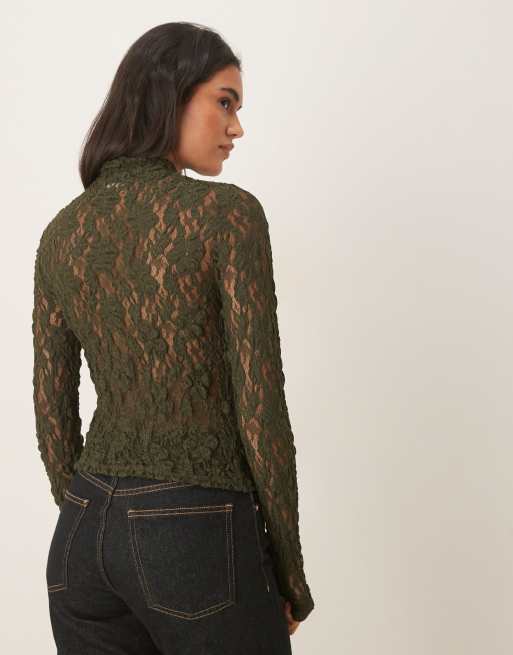 ASOS DESIGN – Grön topp i skir spets med långa ärmar och hög krage, 3 av 4