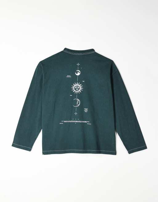 ASOS DESIGN – Grön, tvättad, kraftig t-shirt i oversize med långa ärmar och astrologitryck på ryggen