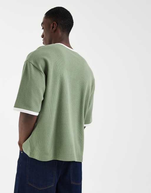 ASOS DESIGN – Grön, våfflad t-shirt med boxig oversize-passform och henleykrage, 4 av 5