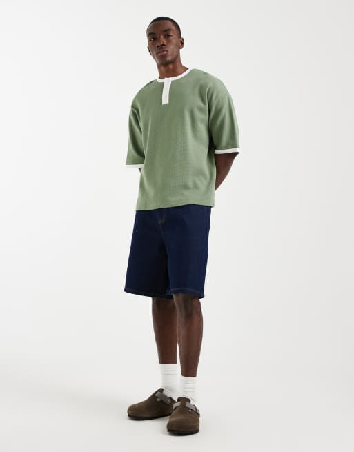 ASOS DESIGN – Grön, våfflad t-shirt med boxig oversize-passform och henleykrage, 5 av 5