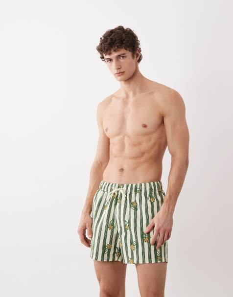 ASOS DESIGN – Gröna korta badshorts med blommigt och randigt mönster - view 1