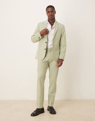 ASOS DESIGN – Gröna, smala kostymbyxor med veck framtill i linnelook, del av kostym - view 1