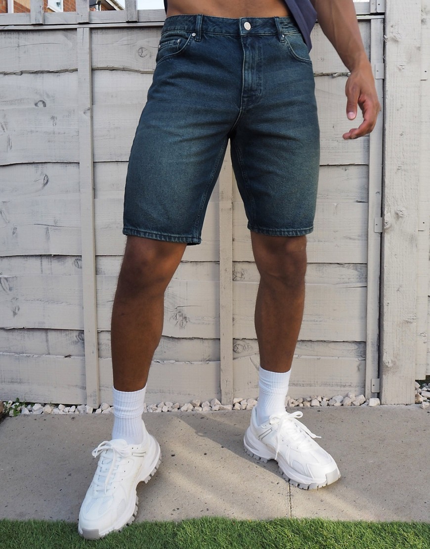 ASOS DESIGN – Grönblå jeansshorts med smal passform