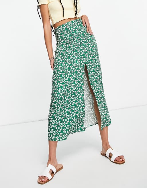 ASOS DESIGN – Grönblommig midikjol med lårhög slits