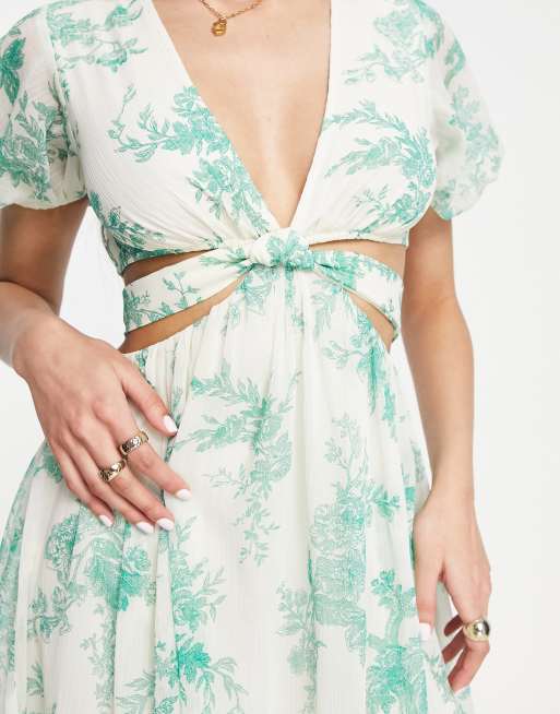 ASOS DESIGN – Grönblommig, mjuk och panelsydd miniklänning med knytmidja, 3 av 4