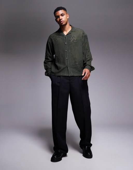 ASOS DESIGN – Grönblommig skjorta i oversize med boxig passform och platt krage i spets, 3 av 4
