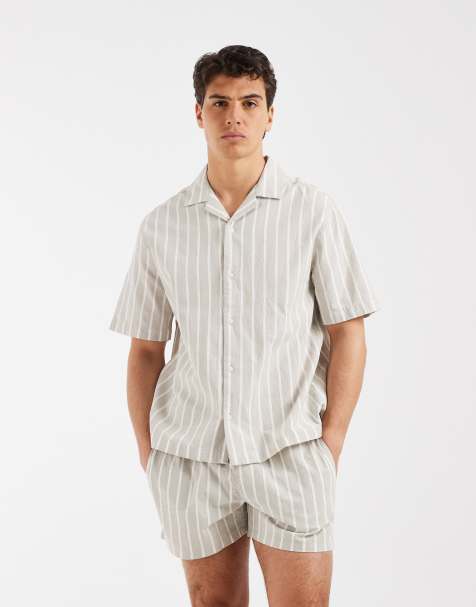 ASOS DESIGN – Grönrandig, avslappnad skjorta i linneliknande tyg, del av set - view 1