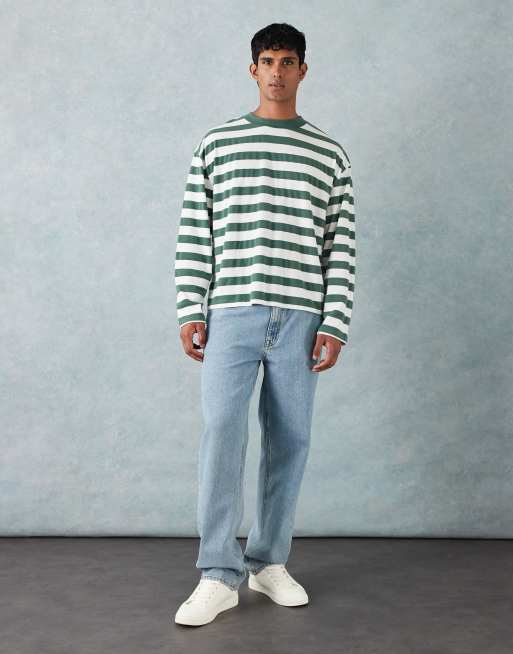 ASOS DESIGN – Grönrandig, kraftig t-shirt i oversize med långa ärmar och boxig passform, 2 av 5