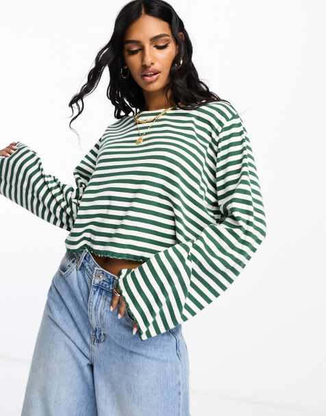 ASOS DESIGN – Grönrandig, långärmad t-shirt med rullfåll - view 1