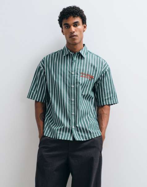 ASOS DESIGN – Grönrandig skjorta i oversize med boxig passform och broderi framtill - view 1