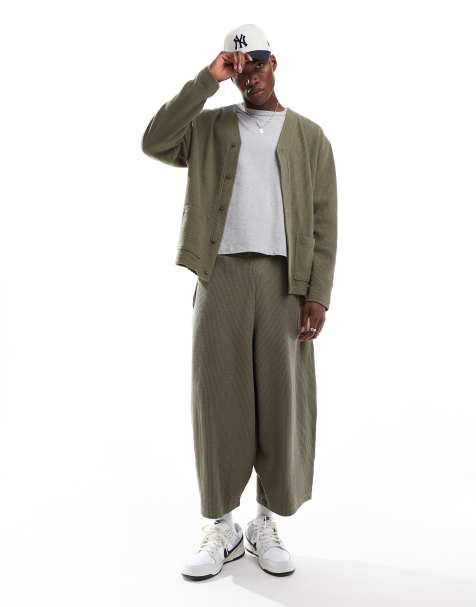 ASOS DESIGN – Grönrutiga, oversize mjukisbyxor med våffelstruktur och ballongben - view 1