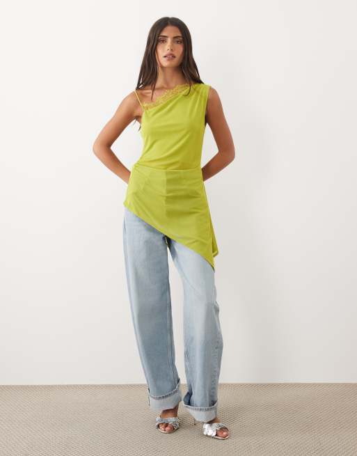 ASOS DESIGN – Grönt, asymmetriskt, långt linne i mesh med spetskant, 3 av 4