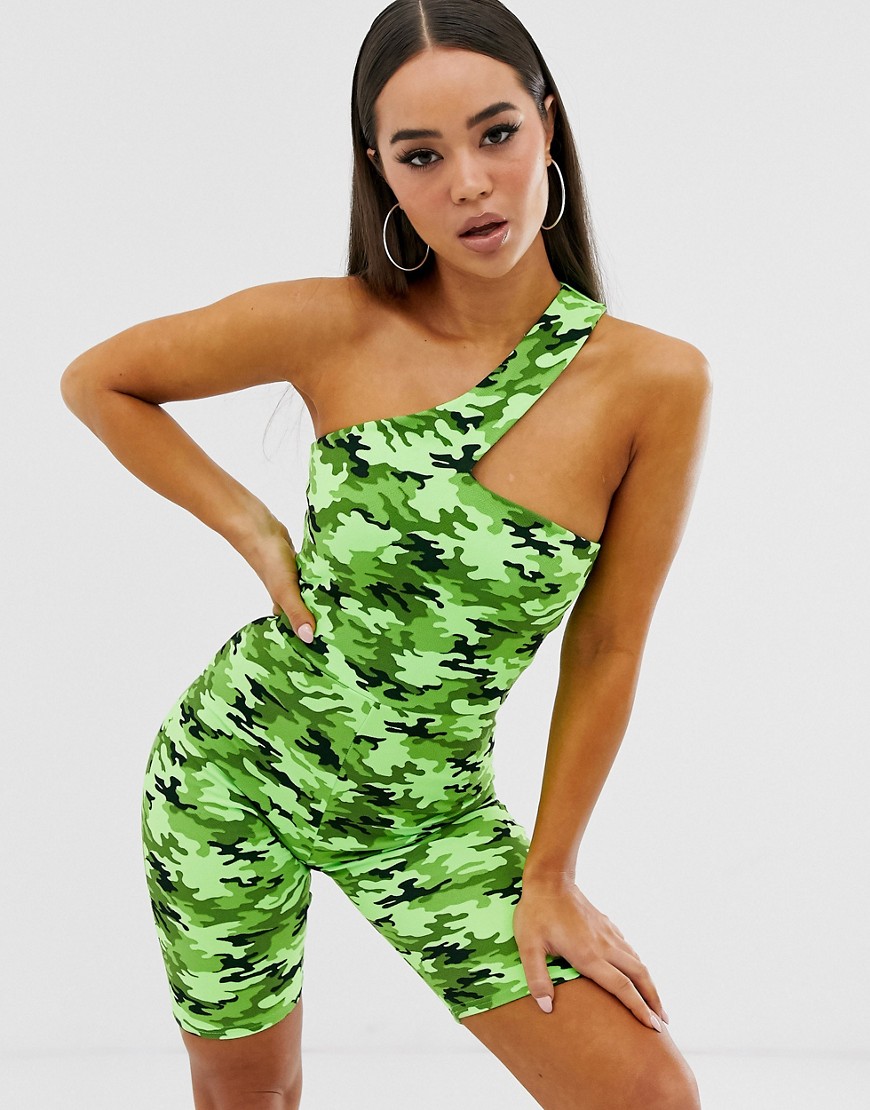 ASOS DESIGN – Grönt kamouflagemönstrad, enaxlad unitard med korta ben-Flerfärgad