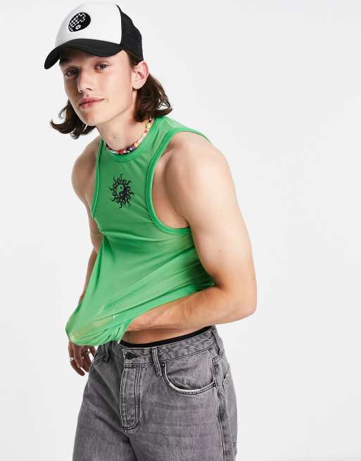 ASOS DESIGN – Grönt linne i muscle fit och mesh med yin och yang-tryck - MGREEN, 3 av 4
