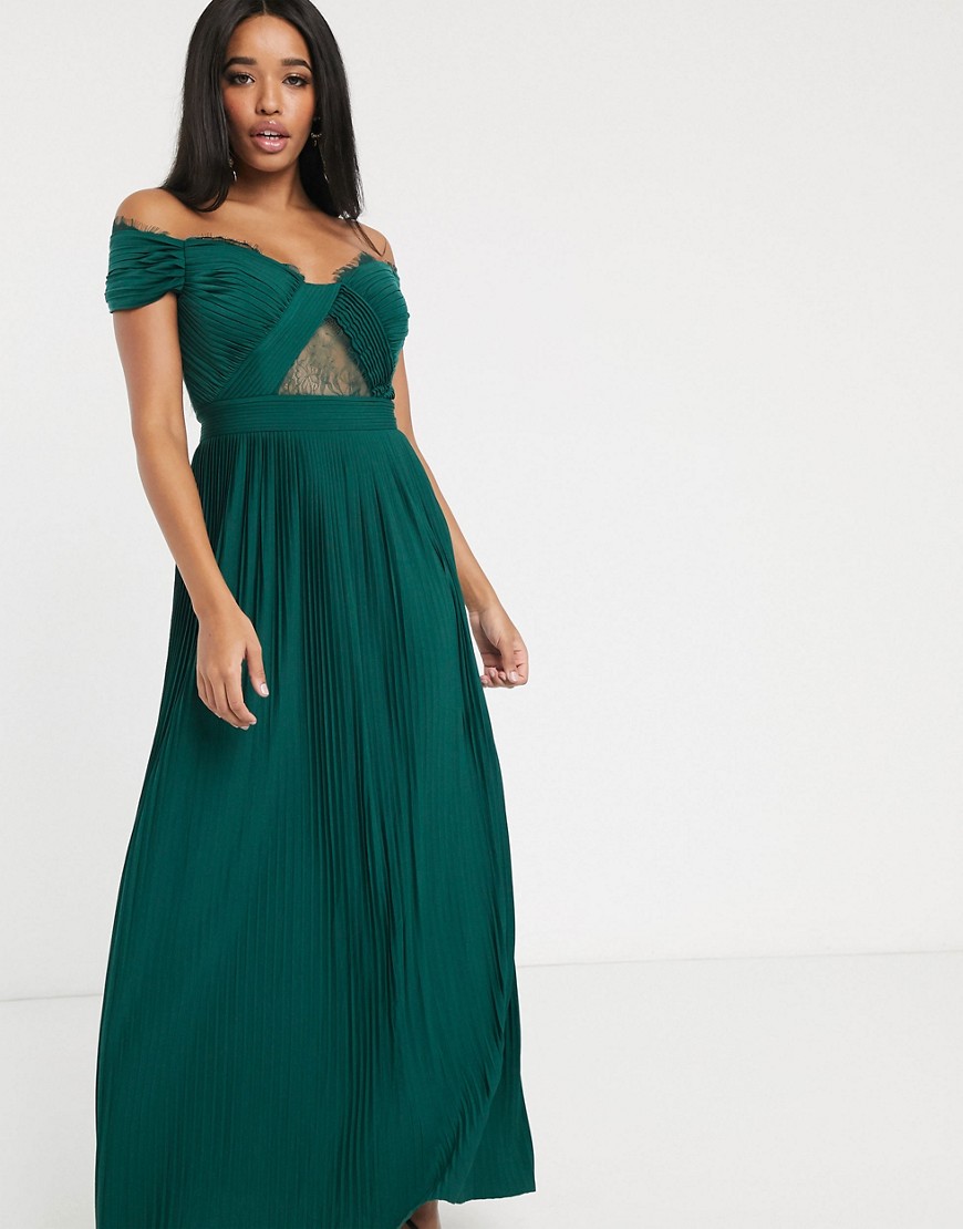 ASOS DESIGN - Grote cupmaten - Premium lange bardot-jurk met plooien en kanten inzetstuk-Groen