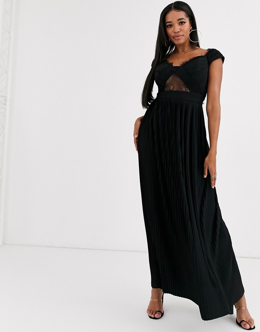 ASOS DESIGN - Grote cupmaten - Premium lange bardot-jurk met plooien en kanten inzetstuk-Zwart