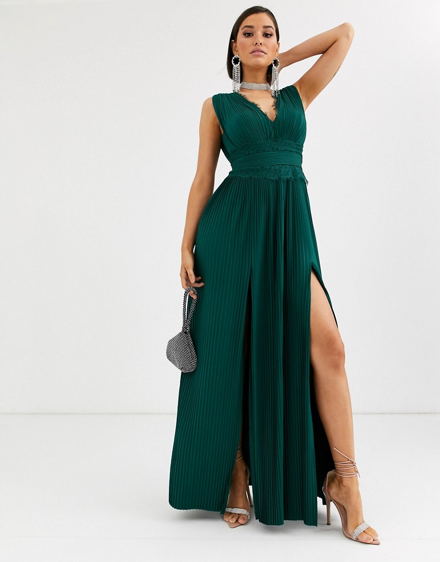 ASOS DESIGN - Grote cupmaten - Premium lange geplooide jurk met kanten inzet-Groen