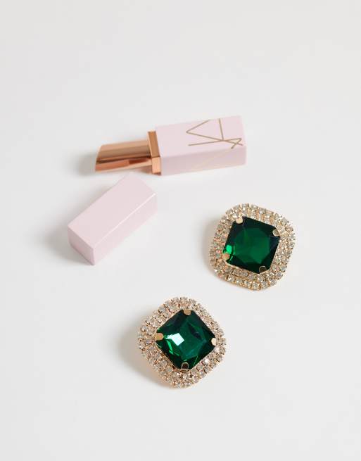 ASOS DESIGN grote oorknopjes met groene kristalzetting in goudkleur, 5 van 5