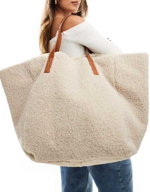 ASOS DESIGN - Grote tote tas van borg met contrasterende hengsels in crème, 2 van 4