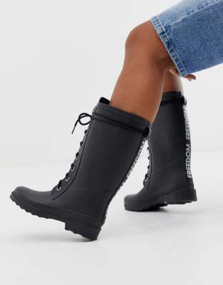 black lace up rain boots