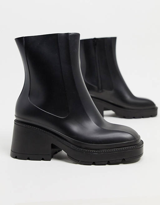 ASOS DESIGN Grounded heeled rain boots in black