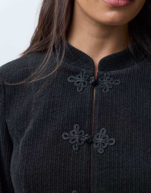 ASOS DESIGN grov manchesterkofta med snörknäppning i svart, 4 av 5