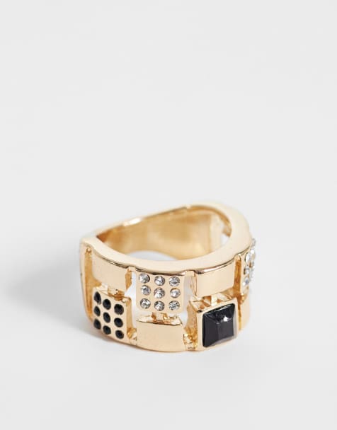 ASOS DESIGN grov ring med svart sten i vintagestil i guldfärg - view 1