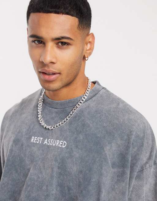 ASOS DESIGN – Grov t-shirt i blek tvätt med oversize-passform och litet texttryck på bröstet